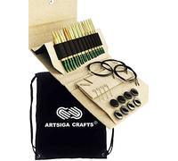 Lykke Grove 5 Inch (13cm) Interchangeable Circular Knitting Needles Bamboo US Sizes 3, 4, 5, 6, 7, 8, 9, 10, 10.5, 11, 13 & 15 with 5 Cords, connectors, Keys, Beige Jute Canvas Case, Project Bag