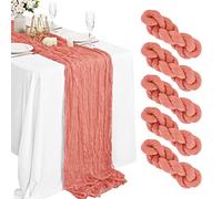 Lykoow 5 Packs Cheesecloth Table Runner Peach Coral, 35x157 inch Rustic Gauze Boho Wedding Table Runner Decoration,13Ft Wedding Table Decor Table Cloth for Wedding Party Bridal Shower Table