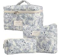 LYkotama Makeup Bag Set, Large Travel Cosmetic Bags for Women, 3pcs Cute Floral Makeup Bags, Cotton Quilted Toiletry Organizer Bag, Women's Emergency Bag (Flower-Deep Blue)