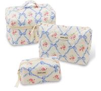 LYkotama Makeup Bag Set, Large Travel Cosmetic Bags for Women, 3pcs Cute Floral Makeup Bags, Cotton Quilted Toiletry Organizer Bag, Girls' Emergency Bag, Blue, Modern Simplicity