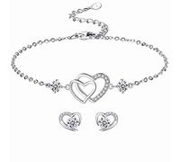 LYL.Adorer Jewellery Set for Women,Silver Crystal Interlocking Heart Bracelet, Heart Earrings with Austrian Crystal,925 Sterling Silver, Gift for Girls Women