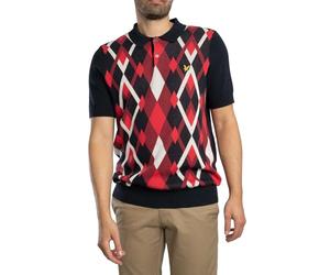 Lyle & Scott Men's Cotton Argyle Knitted Polo Shirt, Dark Navy/Cherry Red