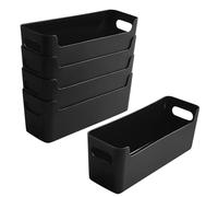 LYLIDIA Pack of 5 Plastic Storage Boxes Small Narrow 24.5 x 7.5 x 9.5 cm, Organiser Box Black Lower Front, Basket Organiser System for Bathroom, Kitchen, Office, Shelf (Black)