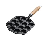 Lylithuif Takoyaki Pan Grill Cast Iron Nonstick 14 Hole Octopus Ball Maker Baking Plate for Home Kitchen Cooking Tool with Wooden Handle 17cm Diameter