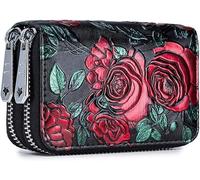 LYLXSF WOM Card Holder Split Leather Double Zipper Case Large Capacity 3D Flower Printed Lady Wallets Purse,Multi-Card Anti-RF scanning Function, The Best Choice,Red Rose