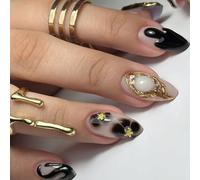 LYMCY Press-on French Black Flower False Nails False Nails for Women and Girls - 24 Pieces