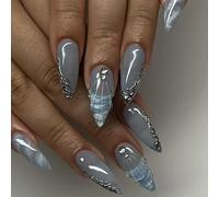 LYMCY Press-on French Nails, 3D Irregular Lines with Blue Ombre False Nails, False Nails for Women and Girls, Pack of 24