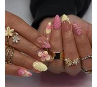LYMCY Press-on Nails, 3D Summer Frost Ombre Nails - Ice Flower Gradient False Nails for Women and Girls - Pack of 24