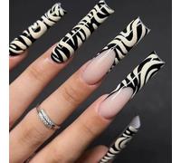 LYMCY Press on Nails French, Black and White Extra Long Nails Irregular Grid Lines Leopard Geometric Fake Nails, Artificial Nails for Women and Girls -24 pcs