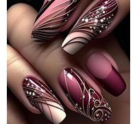 LYMCY Short Almond Shape Press-On Nails French with Line Pattern False Nails for Women - Pack of 24