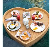 LYMGRZ Creative Heart-Shaped Rattan Tray Drink Floaties Tray for Pool Outdoor Water Play Floating Breakfast Tray Handmade Extra Large Refreshment Water Pool Tray