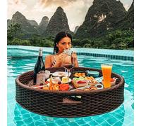LYMGRZ Floating Pool Tray,Floating Serving Tray Table,Round Swimming Pool Floats,Breakfast Rattan WovenTray On The Water,Fruit Food Plate,for Adults,Spas,Pool Parties,Apricot