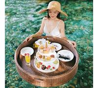 LYMGRZ Floating Tray Round Rattan Woven Serving Tray Rattan Floating Breakfast Tray with Handles,Swimming Pool Floats,for Pool Serving Drinks,Brunch,Food On The Water