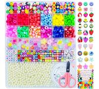 LYMOOR 1100Pcs Pony Beads for Bracelet Making Kit, Pearl, Rainbow Color Kandi Fruit Flower Polymer Clay Bead, Letter Beads for DIY Arts Crafting, Jewelry Charm Gifts Making
