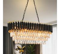 LYMSXAZOU Modern 3-Tier K9 Crystal Chandelier - Elegant Black & Gold Rectangle Light Fixture for Dining Room Living Bedroom Entryway E14 Bulbs Luxurious Home Decor