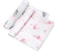 LYMYBETY 2 Packs Baby Muslin Swaddle Blankets, 47 x 47 Inch Bamboo Cotton Large Soft Baby Receiving Blankets, Newborn Swaddle Wrap (Flamingo & Feather Print)