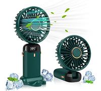 LYMYBETY Portable Handheld Fan, 4000mAh Mini USB Rechargeable Fan with Digital Display, Small Personal Pocket Fans with 5 Speeds, Hand Held Fans with Lanyard and Base for Home Travel (Green)