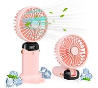 LYMYBETY Portable Handheld Fan, 4000mAh Mini USB Rechargeable Fans with Digital Display, Small Personal Pocket Fan with 5 Speeds, Foldable Desk Fan with Lanyard and Base for Home Travel (Pink)