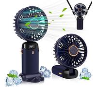 LYMYBETY Portable Handheld Fan, 4000mAh Mini USB Rechargeable Fans with Digital Display, Small Personal Pocket Fan with 5 Speeds, Foldable Desk Fan with Lanyard and Base for Home Travel (Dark blue)