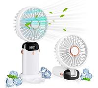 LYMYBETY Portable Handheld Fan, 4000mAh Mini USB Rechargeable Fans with Digital Display, Small Personal Pocket Fan with 5 Speeds, Foldable Desk Fan with Lanyard and Base for Home Travel (White)