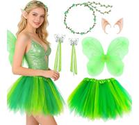 LYNERNOR 5Pcs Fairy Wings Costume Set for Women, Butterfly Wings Angel Accessories with Tutu Skirt Sparkling Wings Headband Magic Wand Elf Ears for Carnival Themed Parties Cosplay