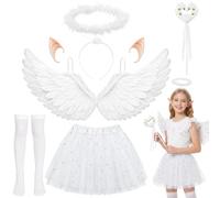 LYNERNOR 6Pcs Halloween Angel Fancy Dress Accessories Set, White Angel Wings Kit with Wing Halo Headband Tutu Skirt Wand Socks Elf Ear for Carnival Themed Parties Cosplay