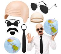 LYNERNOR 7Pcs Bald Cap Costume Kit, Mr Worldwide Fancy Dress Accessory Set with Bald Cap Sunglasses Fake Beard Bow Tie Inflatable Globe for Men Halloween Theme Party