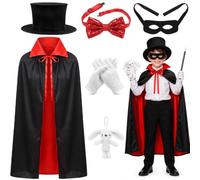 LYNERNOR 7Pcs Magician Costume Accessory Set, Magician Cosplay Kit with Magic Hat Cape Bow Tie Eye Mask Gloves Magic Wand Rabbit for Halloween Carnival Themed Party