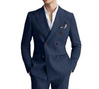 Lynerun Linen Mens Suit 2 Piece Double Breasted Beach Wedding Tuxedo Men, Navy, XXL