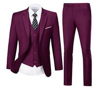 Lynerun Mens Suit Solid Two Button Slim Fit Suit Set for Wedding Formal Business Suit Men 3 Piece Suit Blazer Vest Pants Set, Grape Purple, L