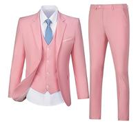 Lynerun Mens Suit Solid Two Button Slim Fit Suit Set for Wedding Formal Business Suit Men 3 Piece Suit Blazer Vest Pants Set, Pink, L