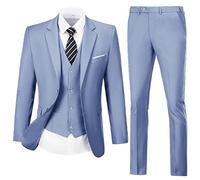 Lynerun Mens Suit Solid Two Button Slim Fit Suit Set for Wedding Formal Business Suit Men 3 Piece Suit Blazer Vest Pants Set, Lavender, M