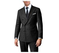 Lynerun Retro 2 Pieces Suit Men Slim Fit Formal Double Breasted Tweed Herringbone Men Suit Jacket Pants Set Wedding Tuxedo, Black, L