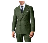 Lynerun Retro 2 Pieces Suit Men Slim Fit Formal Double Breasted Tweed Herringbone Men Suit Jacket Pants Set Wedding Tuxedo, Green, L