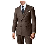 Lynerun Retro 2 Pieces Suit Men Slim Fit Formal Double Breasted Tweed Herringbone Men Suit Jacket Pants Set Wedding Tuxedo, Dark Brown, XS