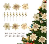 Lyneun 18pcs Christmas Poinsettia Flowers and 12Pcs Red Berry Stems, Glitter Poinsettia Artificial Christmas Flowers, Christmas Tree Flower Decorations for Christmas Wreaths DIY Supplies (Gold)