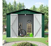 Lyngins 8x6 FT Outdoor Storage Shed, Metal Tool Shed with Lockable Doors & Peaked Roof, Garden Shed with Vented Design for Backyard Garden Patio Lawn, Green+White