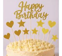 LynixTrade 11 Pcs Gold Happy Birthday Cake Topper Set - Glitter Happy Birthday Cake Decorations with Stars & Hearts - Birthday Cake Toppers for Girls Boys Men Women, for 18th or 30th Birthday Party