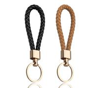 LynixTrade 2 Pcs Key Rings Black and Brown - Weave Leather Keyrings for Women, Gold Loop Car Keychain Rings, Repo Leather Key Fobs Holder, Personalised Keys Chains for Women