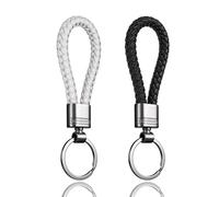 LynixTrade 2 Pcs Key Rings Black and White - Mixed Weave Leather Keyrings for Women and Men, Matte Car Keychain Rings, Leather Key Fobs Holder, Personalised Car Keys Ring Clips