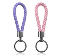 LynixTrade 2 Pcs Key Rings - Dark Gray Matte Weave Leather Keyrings for Men and Women, Two-Tone Keychains Set, Car Key Rings Men and Women, Lightweight Key Fobs (Purple,Pink)
