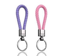 LynixTrade 2 Pcs Key Rings Purple and Pink - Mixed Weave Leather Keyrings for Women and Men, Matte Car Keychain Rings, Leather Key Fobs Holder, Personalised Car Keys Ring Clips