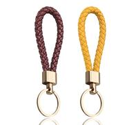 LynixTrade 2 Pcs Key Rings Red and Yellow - Weave Leather Keyrings for Women, Repo Leather Key Fobs Holder, Gold Loop Car Keychain Rings, Personalised Keys Chains for Women