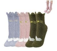 LynixTrade 3 Pairs Fluffy Socks Womens Slipper Warm Thick Winter Bed Cosy Fuzzy Sock Cat Paw Embroidery Winter Plush Crew Socks Soft Home Sleeping Socks Gifts for Women Mum Sister (brown+gray+pink)