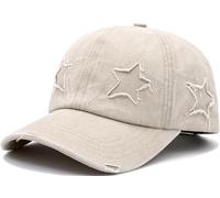 Lynmquober Retro Washed Distressed Baseball Cap with Five Pointed Stars for Women Men Beige