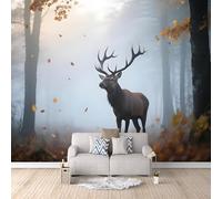 LYNNB 3D Wall Mural Deer Photo Wallpaper, Non-Woven Wall Mural, Decoration Poster Autumn Forest Maple Leaf Animals Murals Wallpaper 300×256cm (WxH) Photo Murals for Living Room Kids Bedroom
