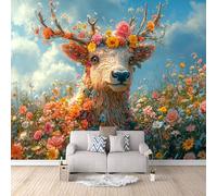 LYNNB 3D Wall Mural Deer Photo Wallpaper, Non-Woven Wall Mural, Decoration Poster Colorful Flowers Animal Deer Murals Wallpaper 300 × 256 cm (WxH) Murals for Living Room Kids Bedroom