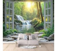 LYNNB 3D Wall Mural Window View Photo Wallpaper 450 × 315 cm (WxH) Non-Woven Mural Wallpaper Nature Sunlight Forest Waterfall Wall Murals for Bedroom Living Room Poster Sofa TV Background Decoration