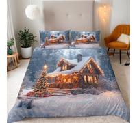 LYNNB Christmas Duvet Cover Sets Winter Christmas Tree, Log Cabin Bedding Set Super King Size - 220x260cm, Soft Luxury Duvet Set, Easy Care and Breathable Microfiber Covers With 2 Pillowcase
