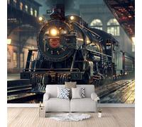 LYNNB Wall Mural Retro Train 3D Photo Wallpaper, Black Steam Train Wall Murals for Bedroom Living Room, Non-Woven Mural Wallpaper Art Poster Sofa TV Background Decor 500 × 280 cm (WxH)